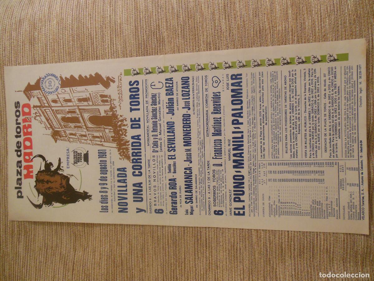 Carteles toros: 1981 CARTEL DE TOROS MADRID ROA EL SEVILLANO BAEZA SALAMANCA MONEDERO LOZANO EL PUNO MANILI PALOMAR