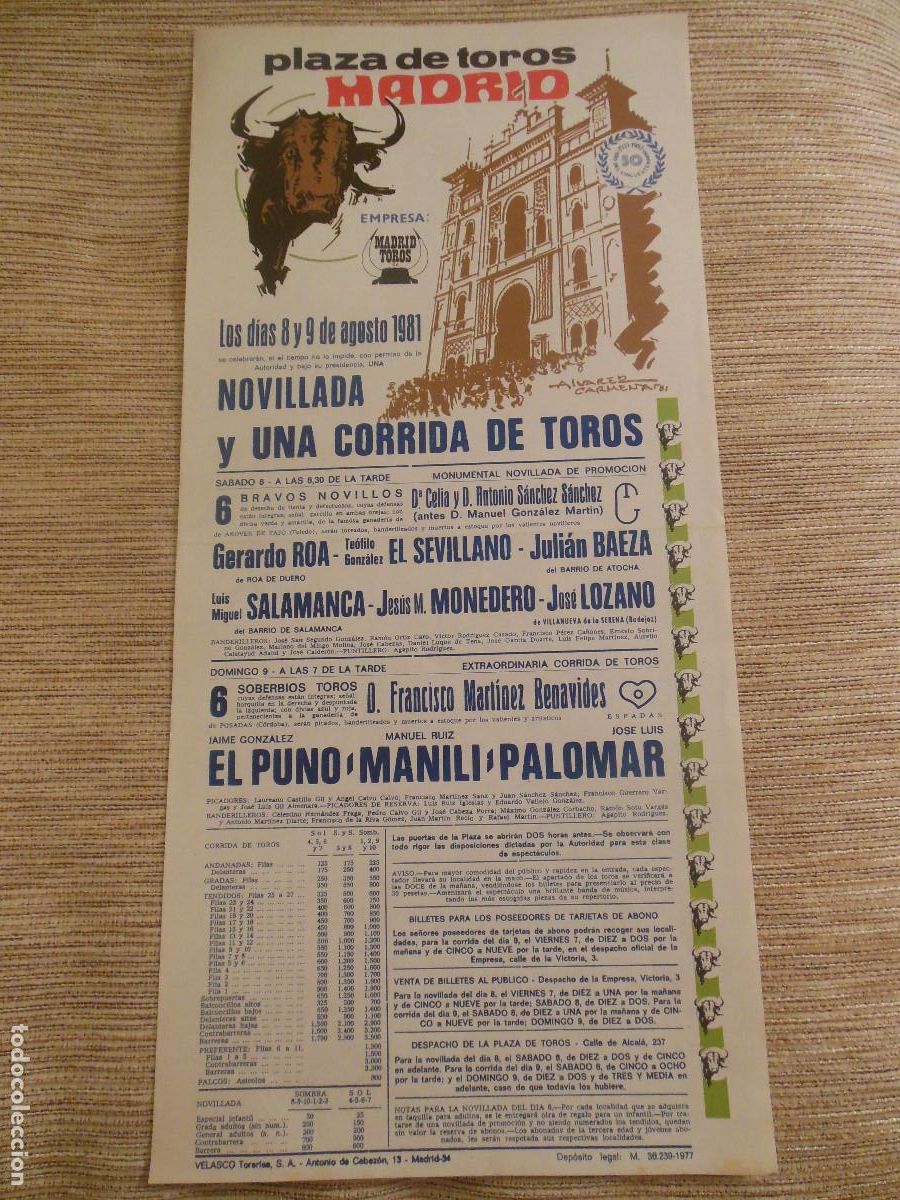 Carteles toros: 1981 CARTEL DE TOROS MADRID ROA EL SEVILLANO BAEZA SALAMANCA MONEDERO LOZANO EL PUNO MANILI PALOMAR