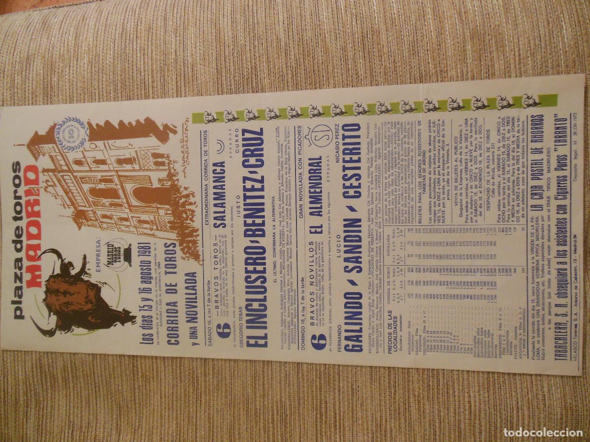 Carteles toros: 1981 CARTEL DE TOROS MADRID - EL INCLUSERO BENITEZ CURRO CRUZ GALINDO SANDIN CESTERITO - ALMENDRAL