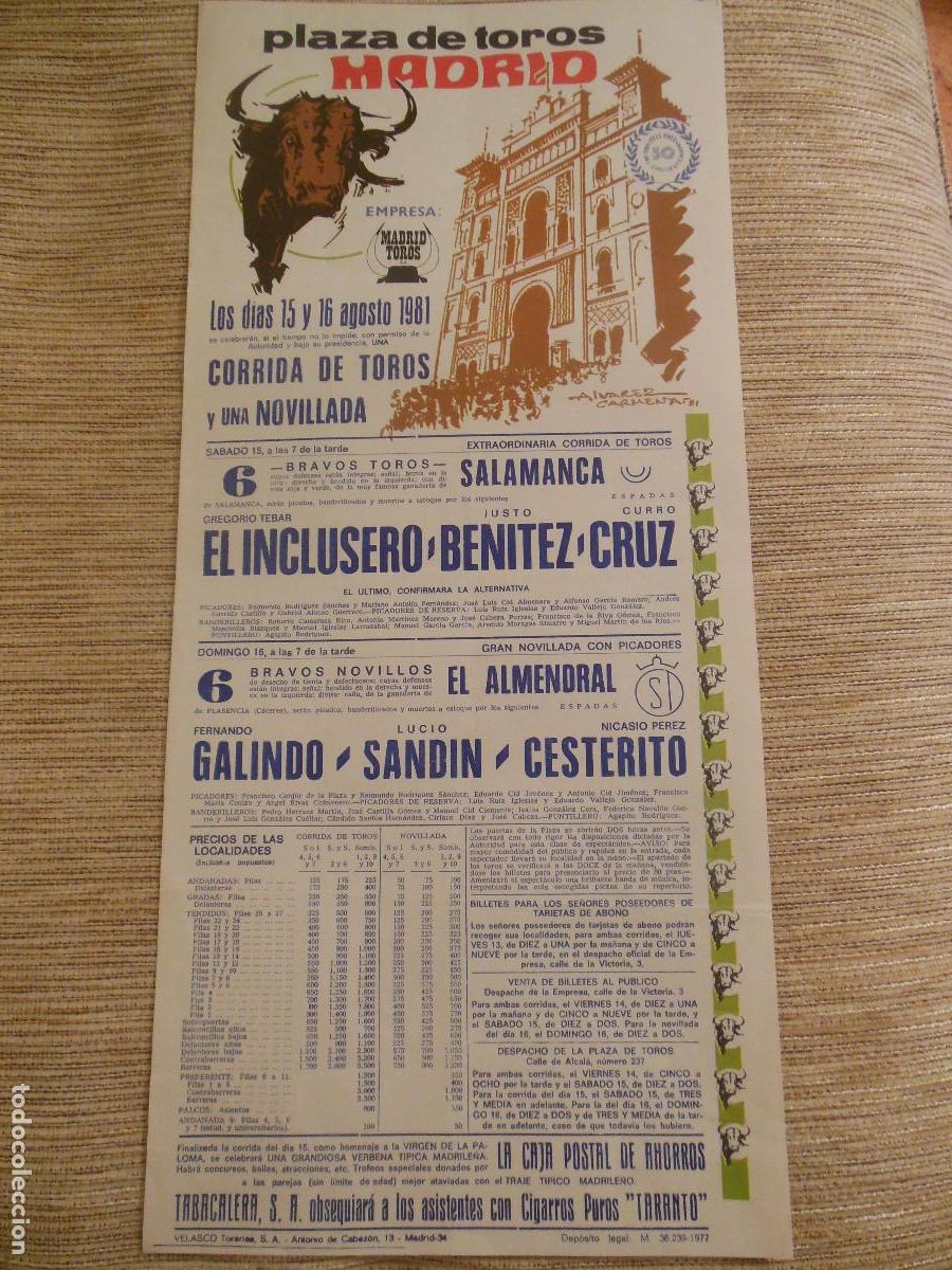 Carteles toros: 1981 CARTEL DE TOROS MADRID - EL INCLUSERO BENITEZ CURRO CRUZ GALINDO SANDIN CESTERITO - ALMENDRAL