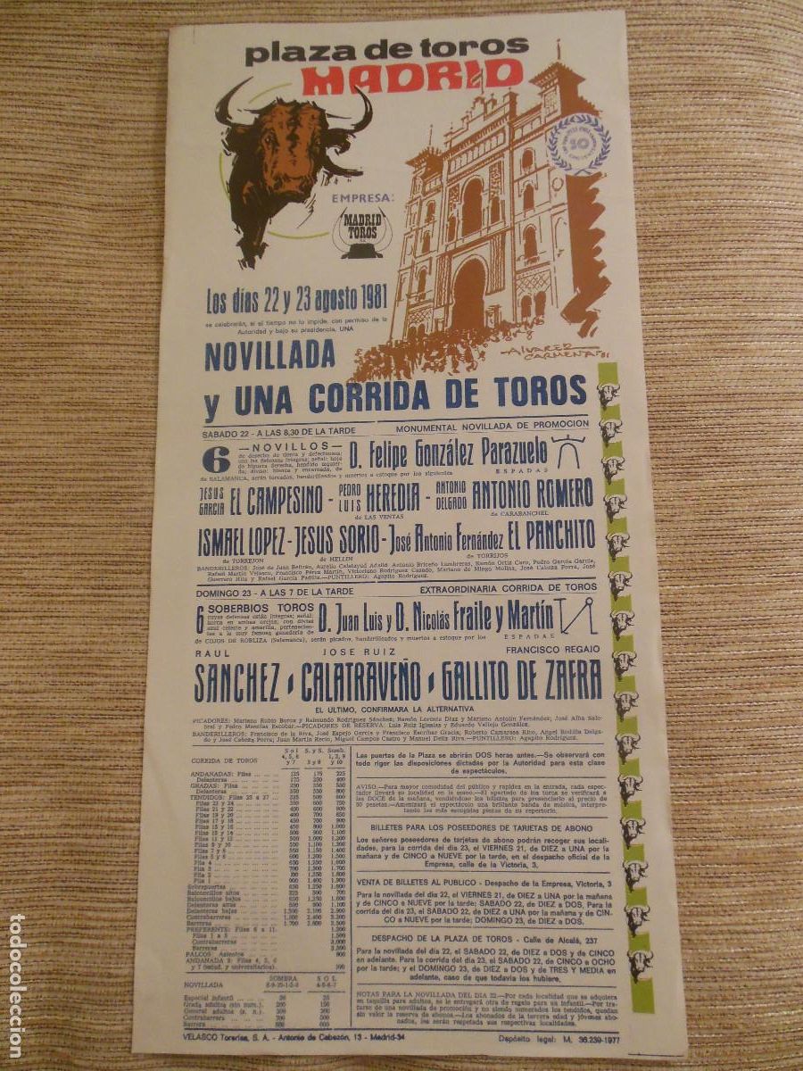 Carteles toros: 1981 CARTEL DE TOROS MADRID - EL CAMPESINO HEREDIA ROMERO SORIO PANCHITO CALATRAVE&Ntilde;O GALLITO ZAFRA
