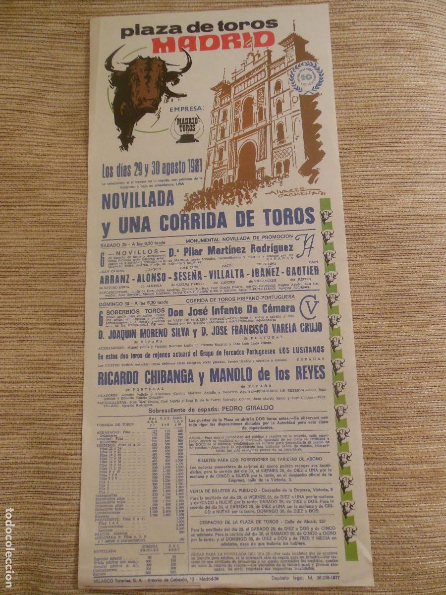 Carteles toros: 1981 CARTEL DE TOROS MADRID - ARRANZ ALONSO SESE&Ntilde;A VILLALTA IBA&Ntilde;EZ GAUTIER CHIBANGA MANOLO REYES