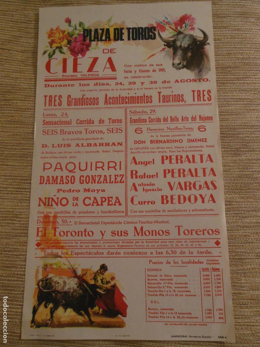 Carteles toros: 1981 CARTEL DE TOROS CIEZA MURCIA - PAQUIRRI DAMASO GONZALEZ NI&Ntilde;O CAPEA PERALTA VARGAS BEDOYA
