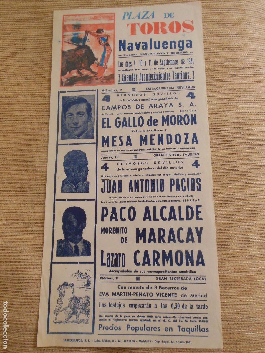 Carteles toros: 1981 CARTEL DE TOROS NAVALUENGA AVILA - EL GALLO DE MORON MESA MENDOZA PACIOS MARACAY