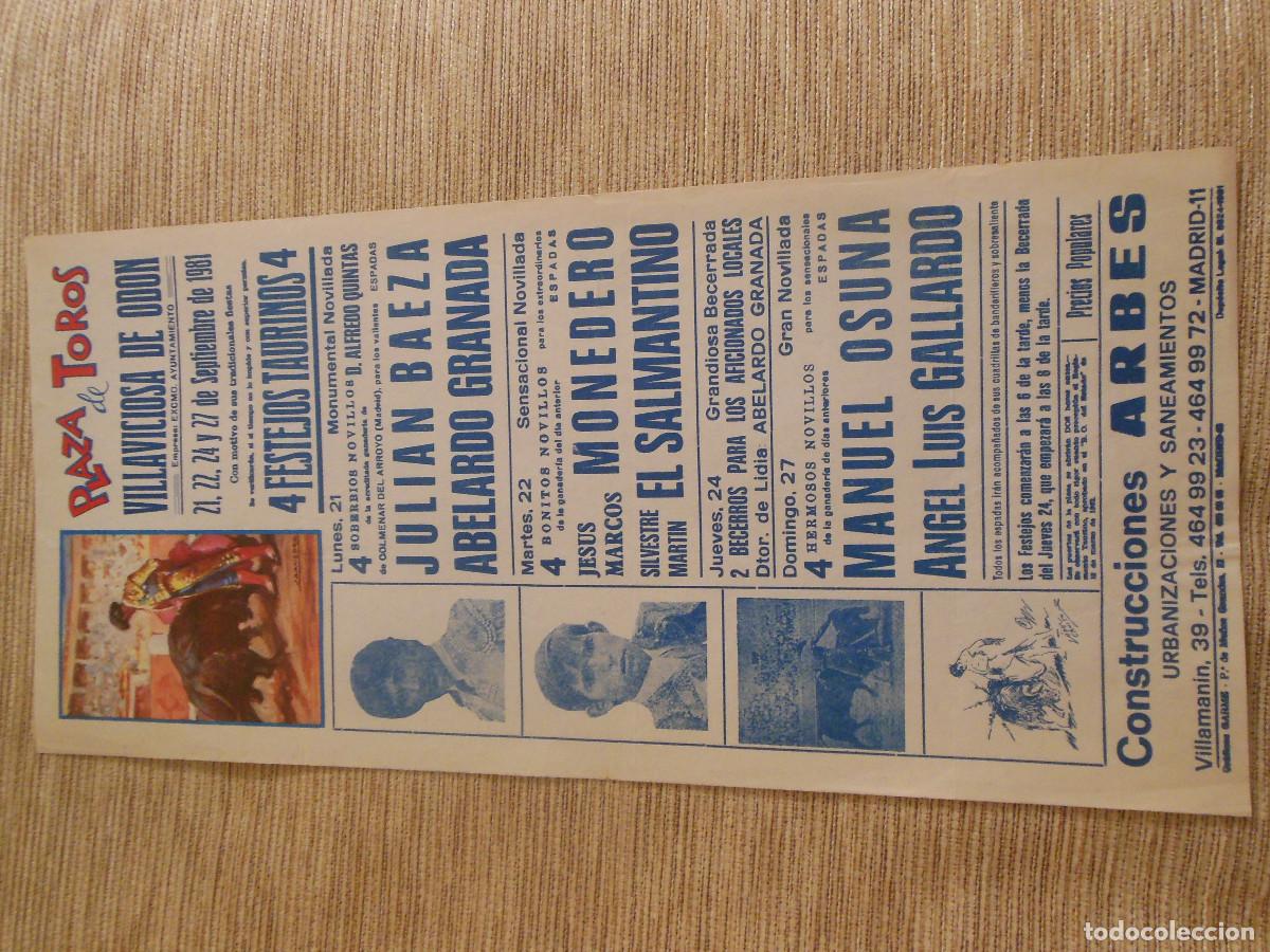 Carteles toros: 1981 CARTEL DE TOROS VILLAVICIOSA DE ODON MADRID - BAEZA GRANADA MONEDERO SALMANTINO OSUNA GALLARDO