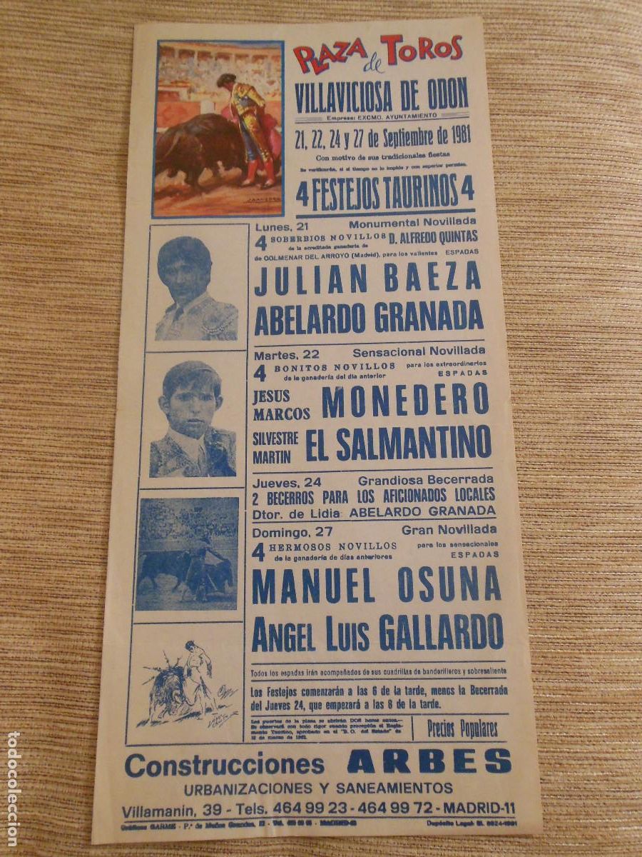 Carteles toros: 1981 CARTEL DE TOROS VILLAVICIOSA DE ODON MADRID - BAEZA GRANADA MONEDERO SALMANTINO OSUNA GALLARDO
