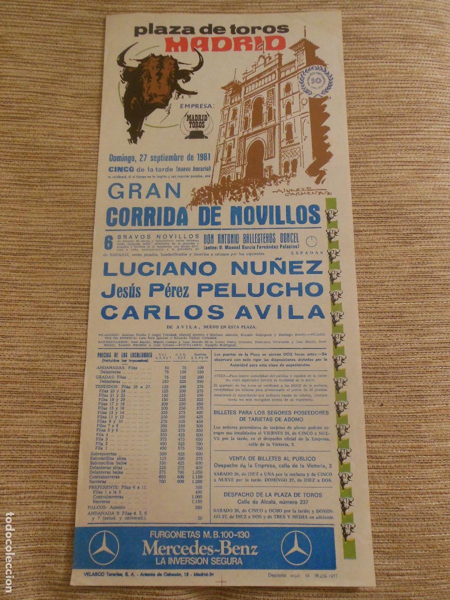 Carteles toros: 1981 CARTEL DE TOROS MADRID - LUCIANO NU&Ntilde;EZ PELUCHO CARLOS DE AVILA - DE ANTONIO BALLESTEROS