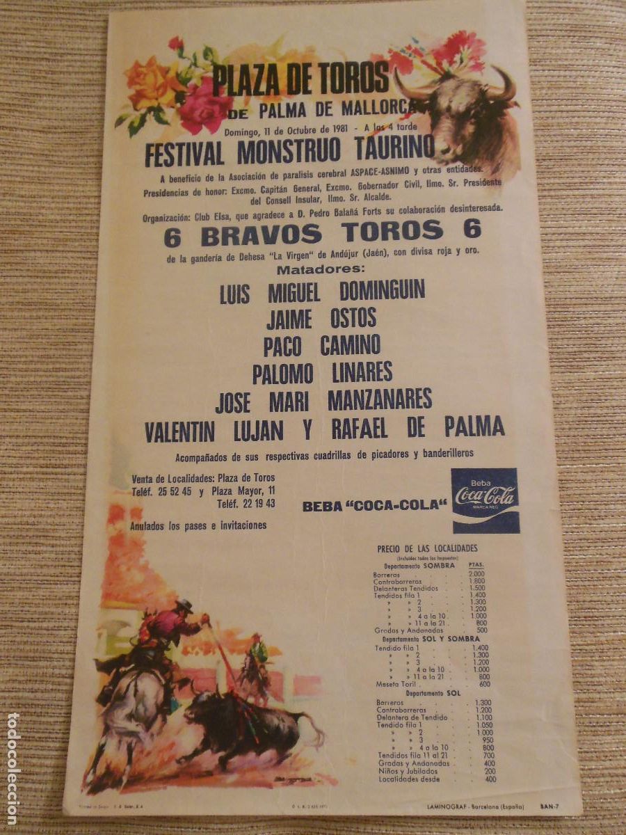 Carteles toros: 1981 CARTEL DE TOROS MALLORCA BALEARES - DOMINGUIN OSTOS LINARES MANZANARES PACO CAMINO RAFAEL PALMA
