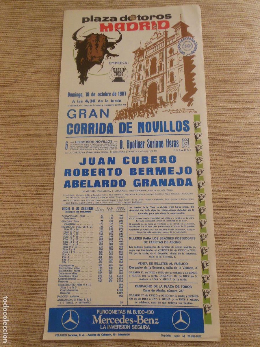 Carteles toros: 1981 CARTEL DE TOROS MADRID - JUAN CUBERO ROBERTO BERMEJO ABELARDO GRANADA - DE APOLINAR