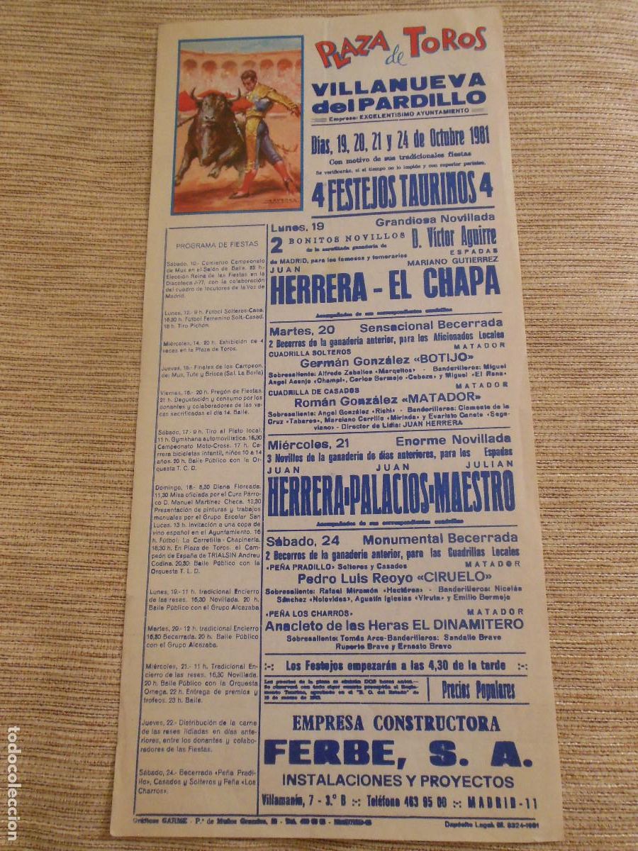 Carteles toros: 1981 CARTEL DE TOROS VILLANUEVA DEL PARDILLO MADRID - JUAN HERRERA EL CHAPA PALACIOS MAESTRO