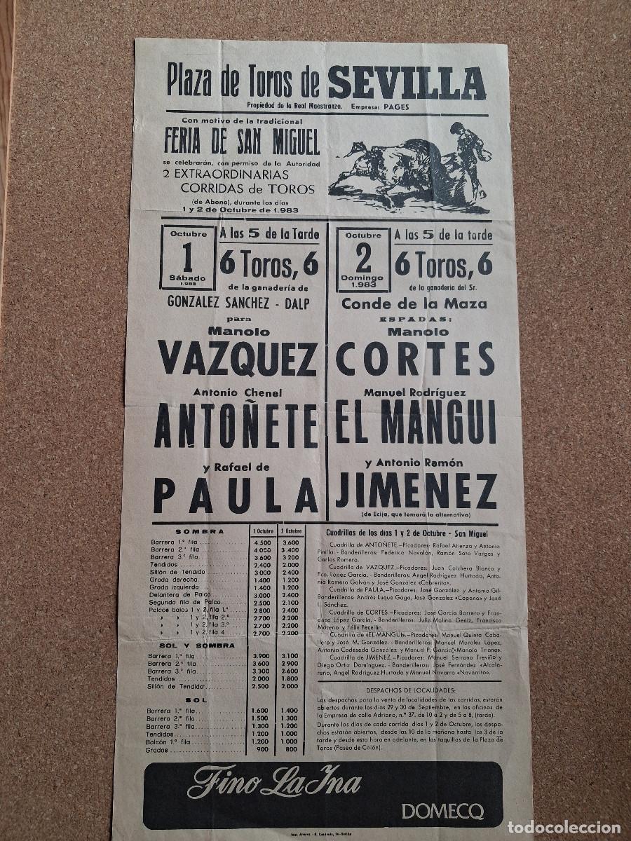 Carteles toros: Cartel de toros. Sevilla. 1 y 2 octubre 1983. Feria de San Miguel. Dos corridas de toros.