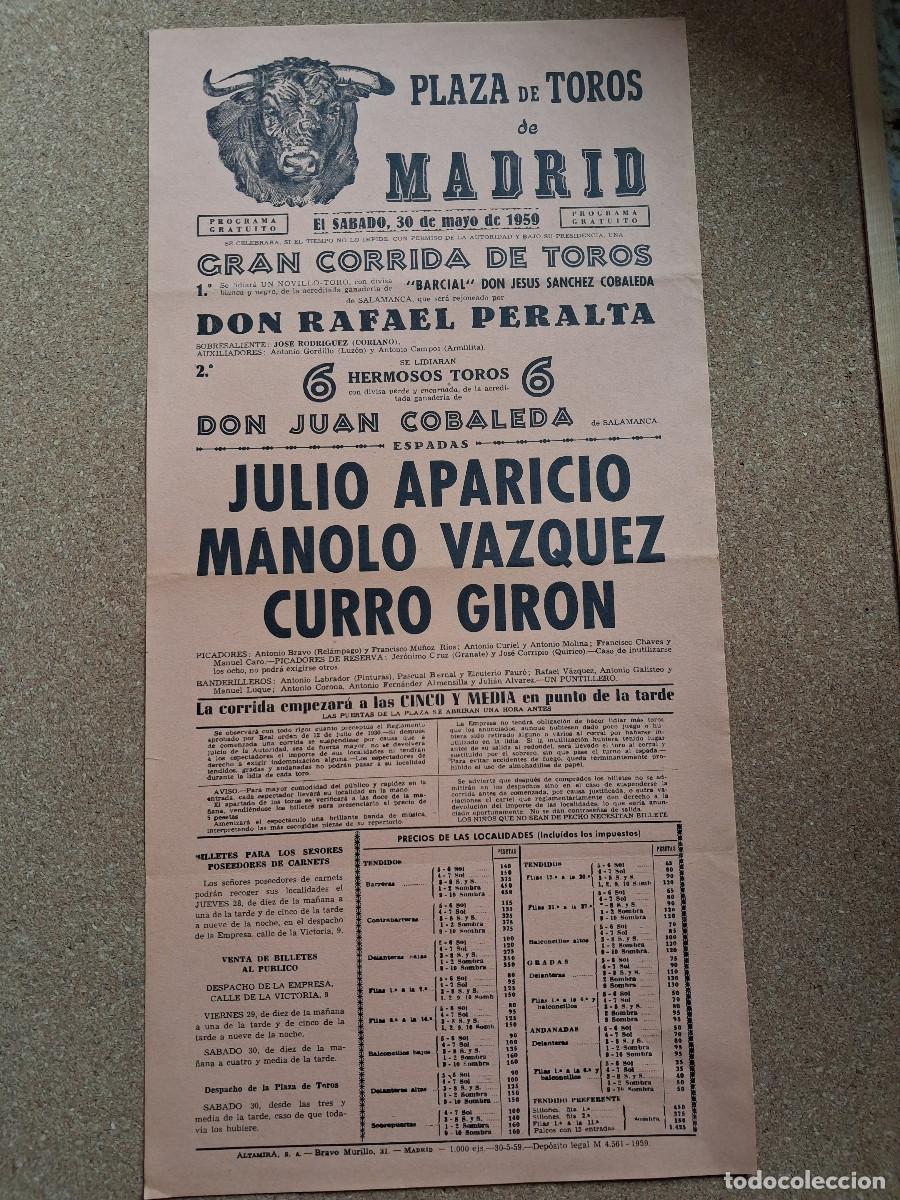 Carteles toros: Cartel de toros. Madrid. 30 mayo 1959. Julio Aparicio, Manolo V&aacute;zquez, Curro Gir&oacute;n.