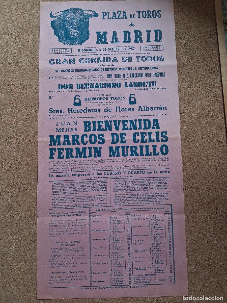 Carteles toros: Cartel de toros. Madrid. 6 octubre 1957. Juan Mej&iacute;as Bienvenida, Marcos de Celis, Ferm&iacute;n Murillo.