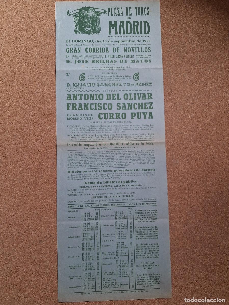 Carteles toros: Cartel de toros. Madrid. 18 septiembre 1955. Antonio del Olivar, Francisco S&aacute;nchez, Curro Puya.