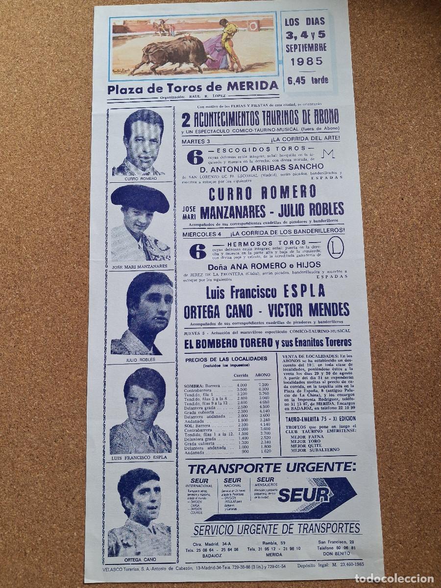 Carteles toros: Cartel de toros. M&eacute;rida. 3 a 5 septiembre 1985. Dos corridas de toros.