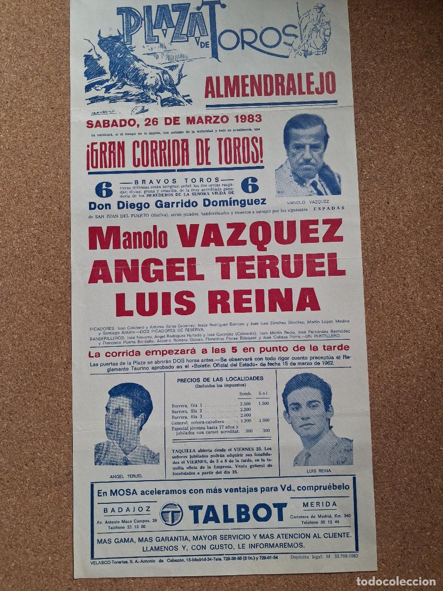 Carteles toros: Cartel de toros. Almendralejo. 26 marzo 1983. Manolo V&aacute;zquez, &Aacute;ngel Teruel, Luis Reina.