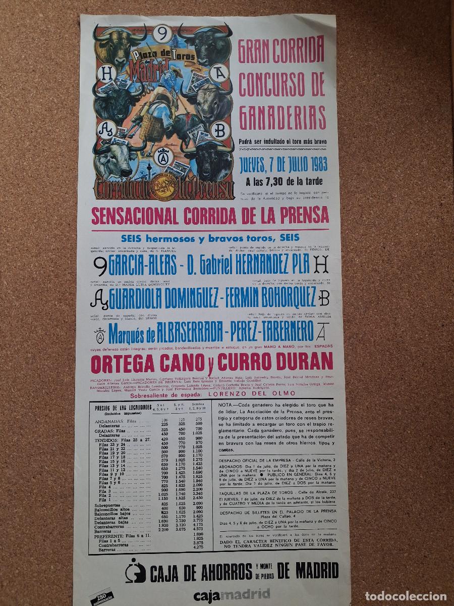 Carteles toros: Cartel de toros. Madrid. 7 julio 1983. Corrida de la Prensa. Corrida concurso de ganader&iacute;as.