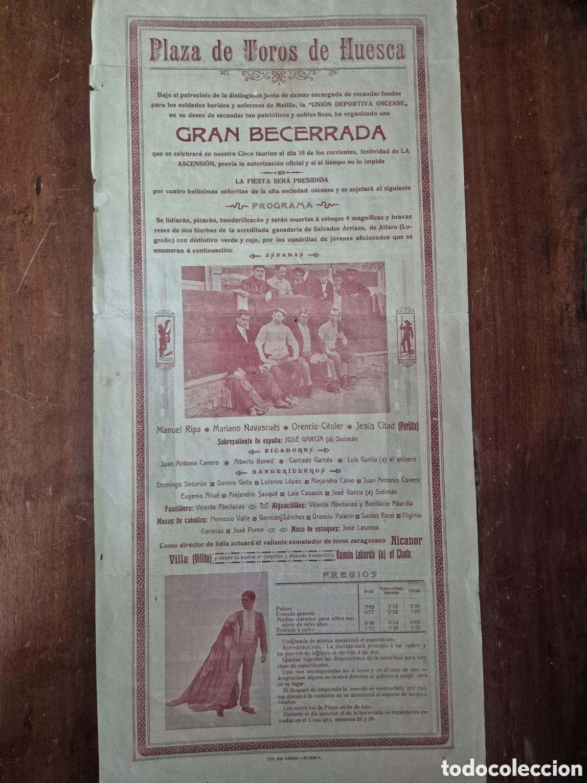 Carteles toros: CARTEL TOROS HUESCA sobre 1910 MANUEL RIPA MARIANO NAVASCUES ORENCIO CITOLER JESUS CITAD