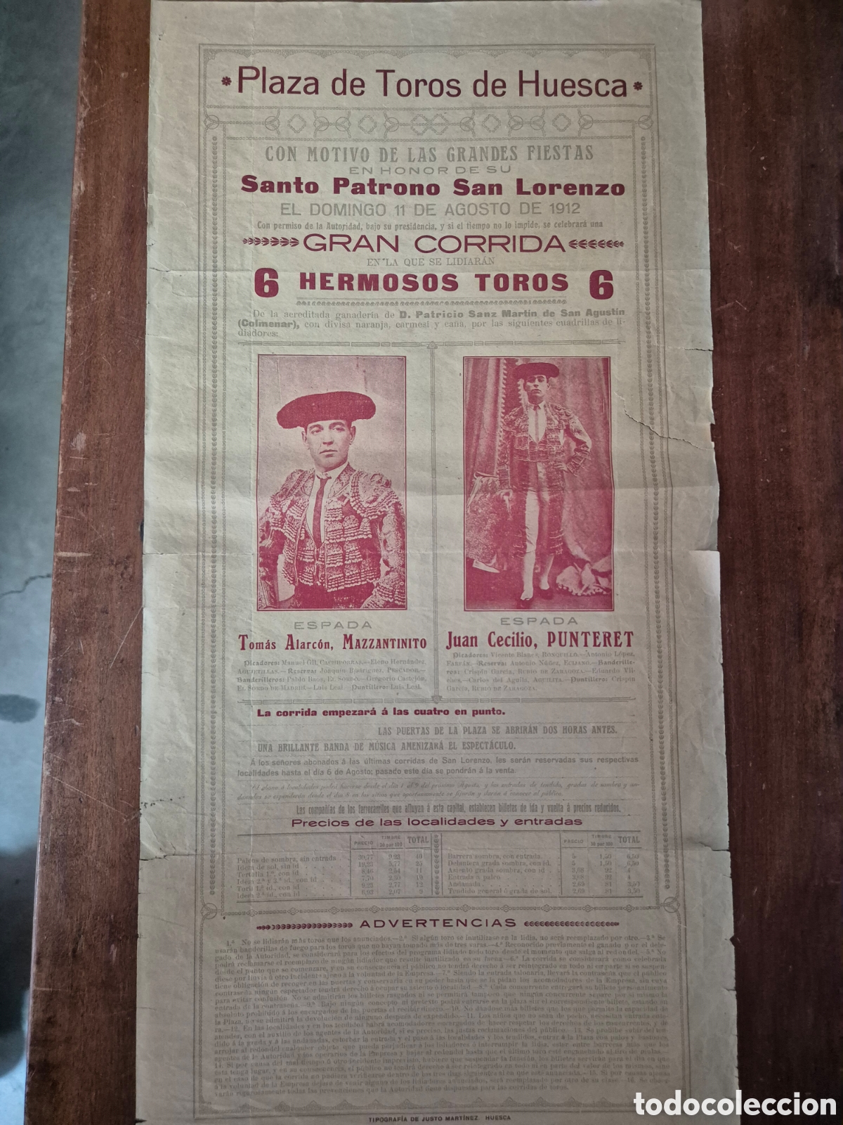 Carteles toros: CARTEL TOROS HUESCA SAN LORENZO 1912 TOMAS ALARCON JUAN CECILIO PUNTERET