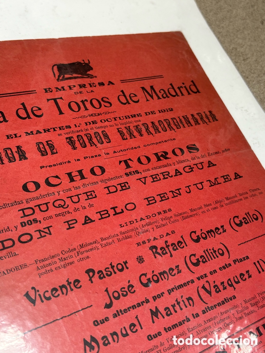 Carteles toros: CARTEL TOROS MADRID 1 DE OCTUBRE DE 1912,GALLO Y GALLITO (ALTERNATIVA EN M). VERAGUA. 42X22 CM APR&Oacute;X