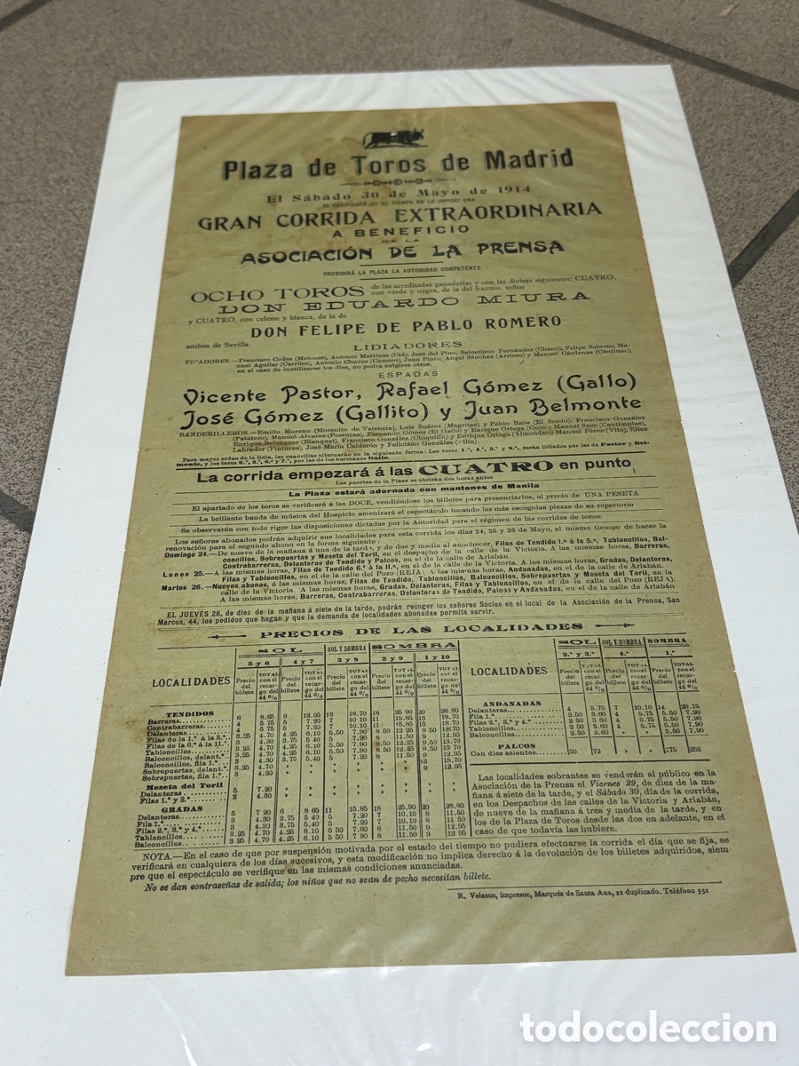 Carteles toros: CARTEL TOROS, CORRIDA PRENSA MADRID 30 DE MAYO DE 1914,GALLO, GALLITO Y BELMONTE. 42X22 CM APR&Oacute;X
