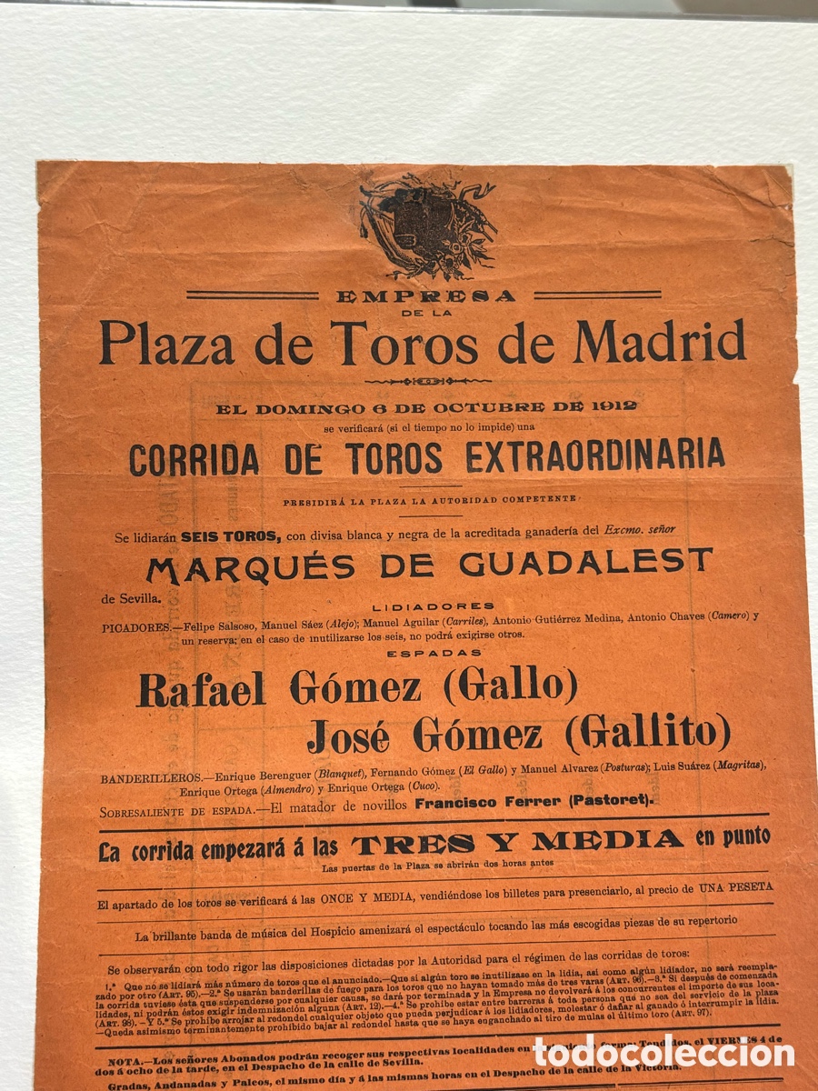 Carteles toros: CARTEL TOROS, MADRID 6 OCTUBRE 1912,GALLO Y GALLITO. 42X22 CM APR&Oacute;X