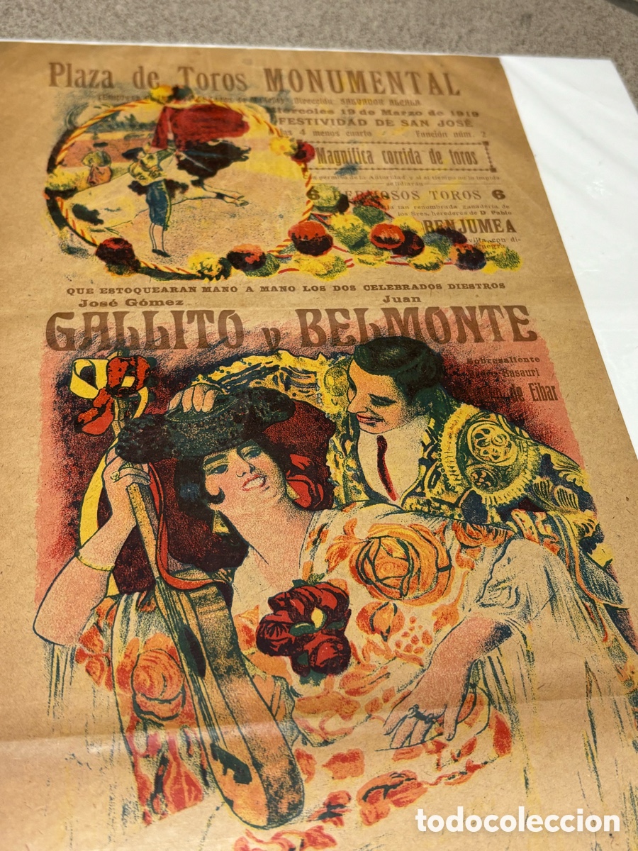 Carteles toros: CARTEL TOROS, BARCELONA 19 MARZO 1919 GALLITO Y BELMONTE. 50X18 CM APR&Oacute;X