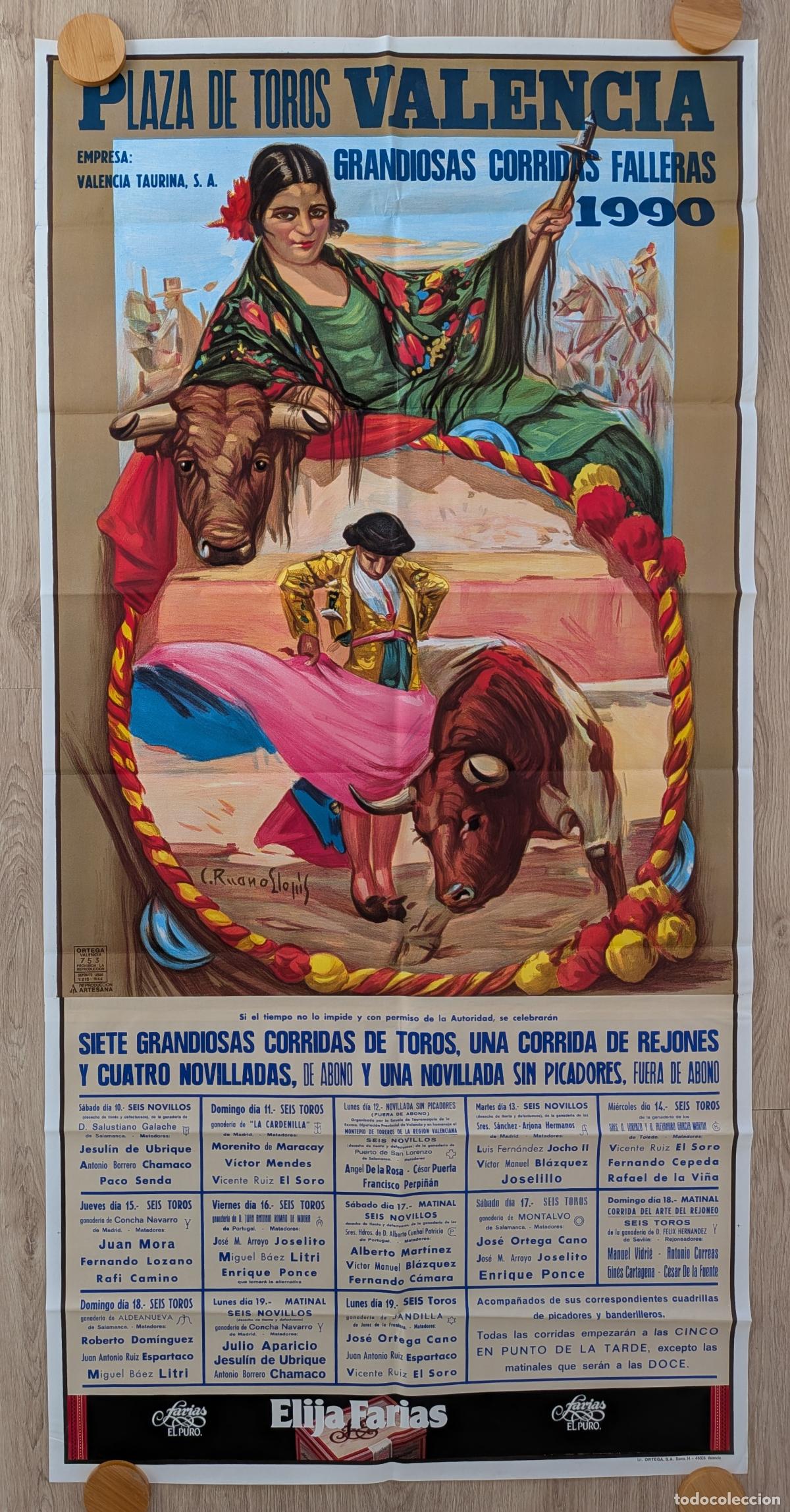 Plakate Stiere: RW CARTEL PLAZA TOROS VALENCIA 1990 GRANDE ESPARTACO EL SORO UBRIQUE RUANO LLOPIS CTD59