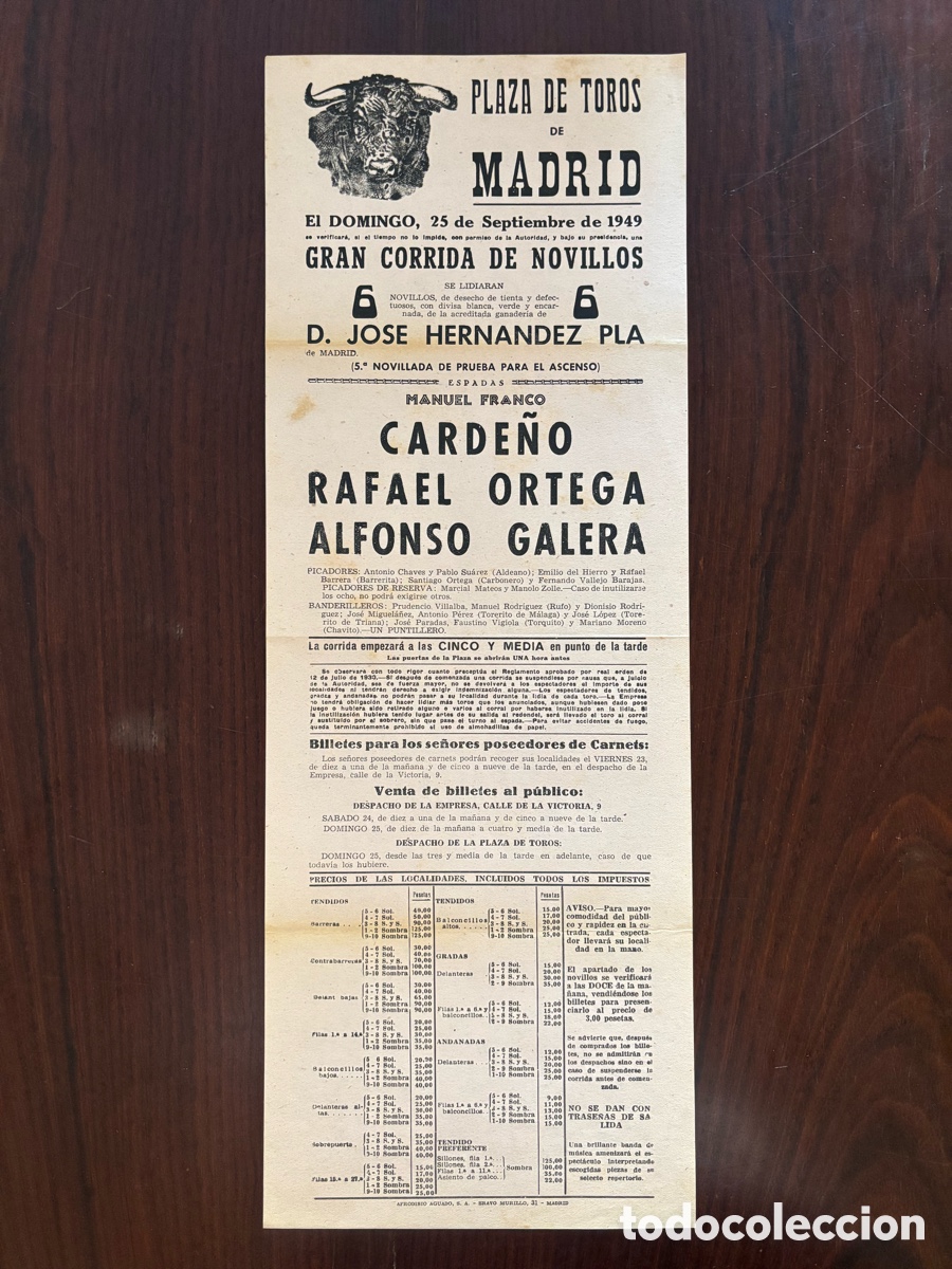 Carteles toros: Cartel toros Madrid. Franco Carde&ntilde;o, Rafael Ortega y Alfonso Galera. 25 septiembre 1949