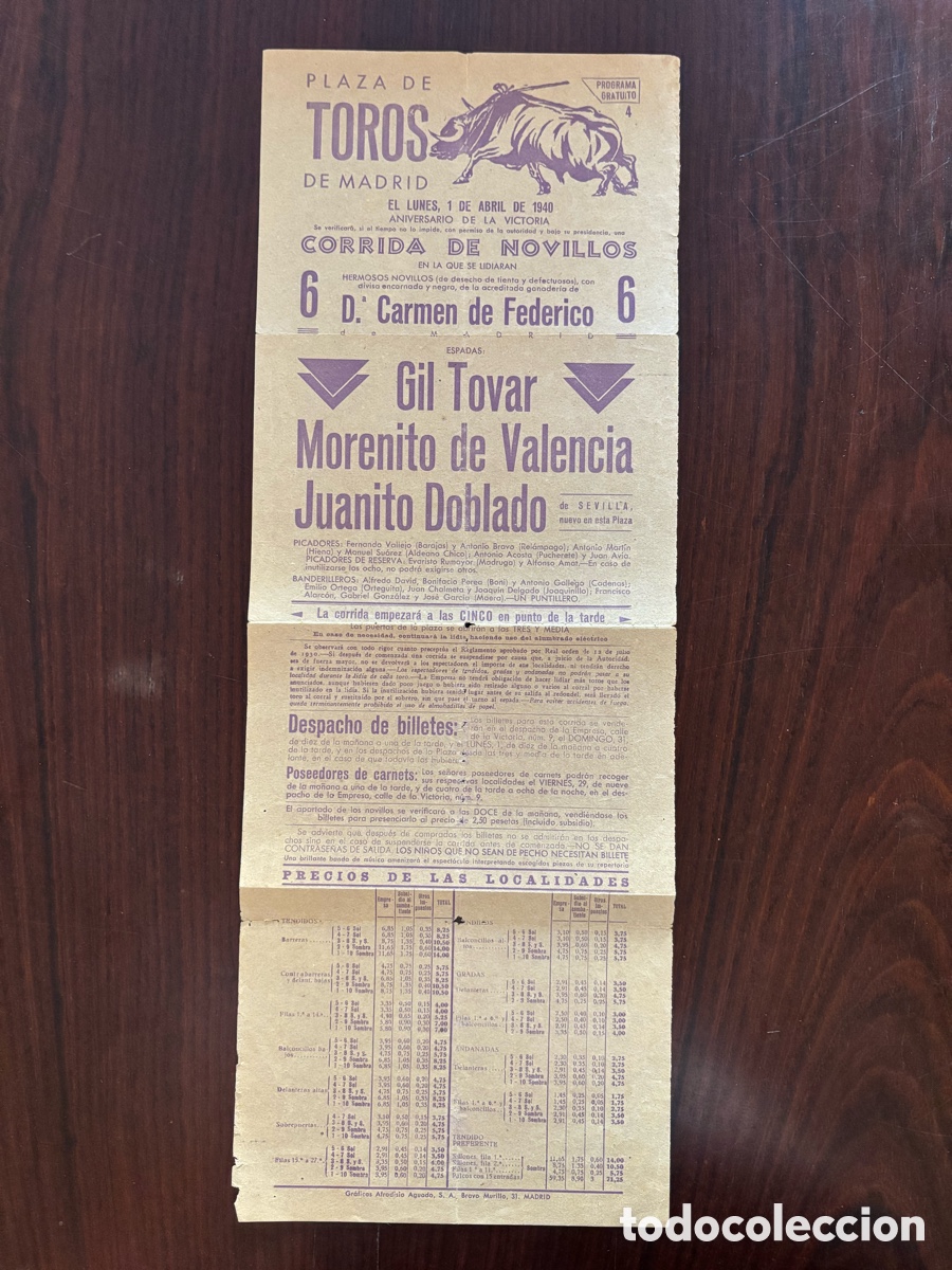 Carteles toros: Cartel toros Madrid. Gil Tovar, Morenito de Valencia y Juanito Doblado. 1 abril 1940