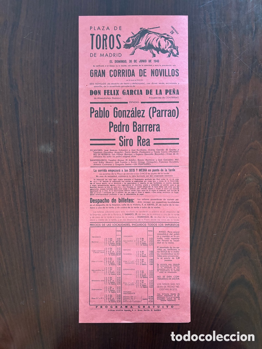 Carteles toros: Cartel toros Madrid. Parrao, Pedro Barrera y Siro Rea. 30 de junio 1940. F&eacute;lix Garc&iacute;a de la Pe&ntilde;a