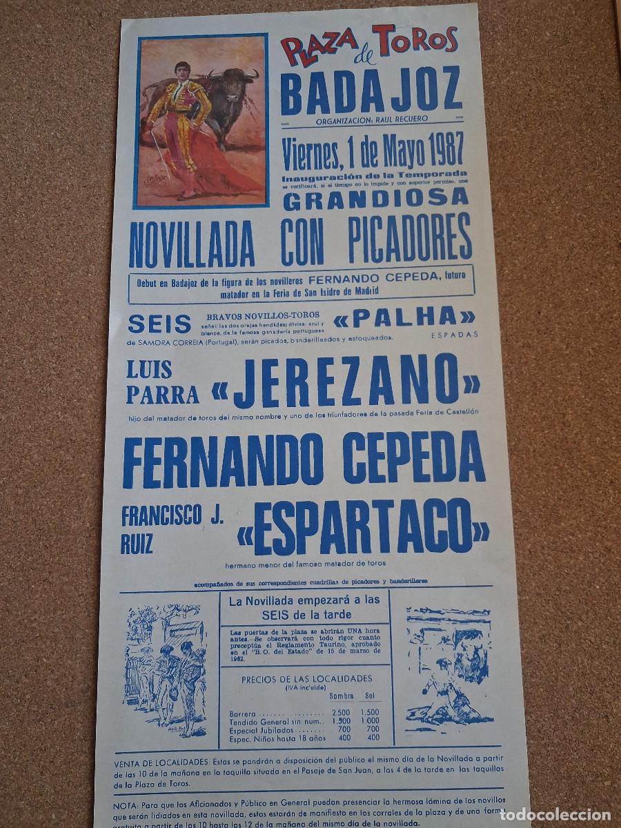 Carteles toros: Cartel de toros. Badajoz. 1 mayo 1987. Novillada con picadores. Jerezano, Cepeda, F.J.Ruiz Espartaco