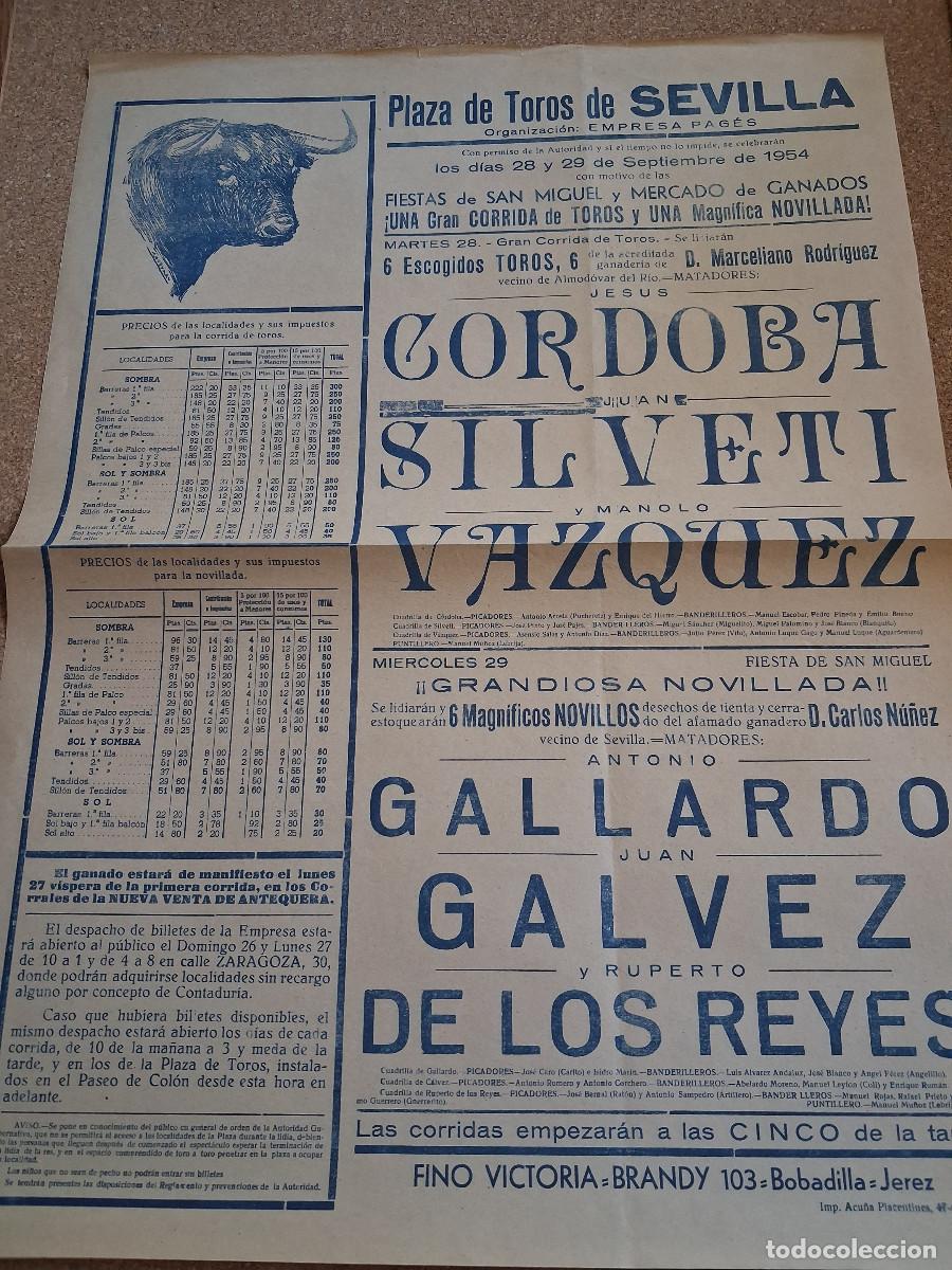 Carteles toros: Cartel de toros. Sevilla. 28 y 29 septiembre 1954. Fiestas de San Miguel. Corrida y novillada.