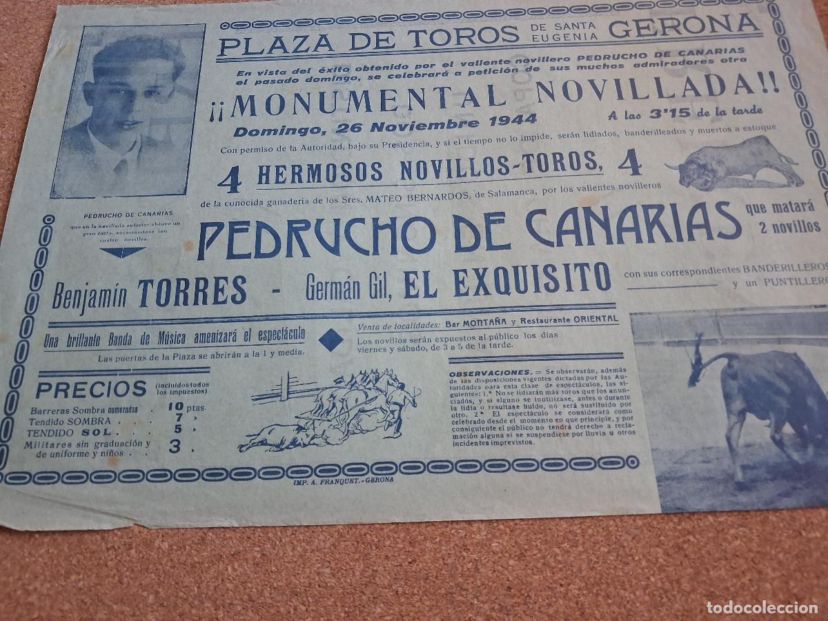 Carteles toros: Cartel de toros. Gerona. 26 noviembre 1944. Novillada. Pedrucho de Canarias.