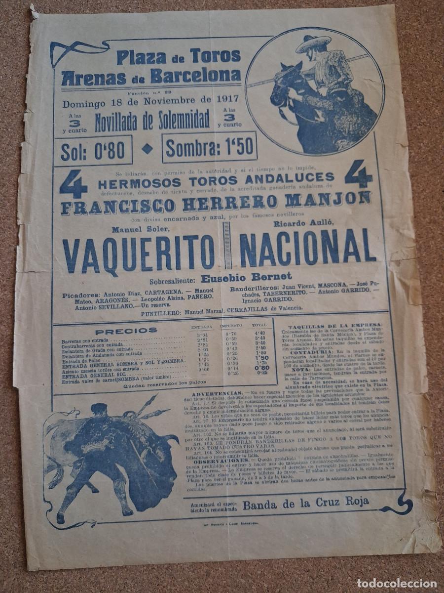 Carteles toros: Cartel de toros. Barcelona. 18 noviembre 1917. Manuel Soler Vaquerito y Ricardo Anll&oacute; Nacional.