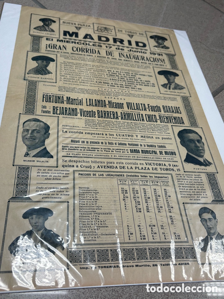 Carteles toros: CARTEL TOROS INAUGURACI&Oacute;N DE LAS VENTAS, MADRID. REP&Uacute;BLICA, PARO. 17 JUNIO 1931 50X31 CM APR&Oacute;X