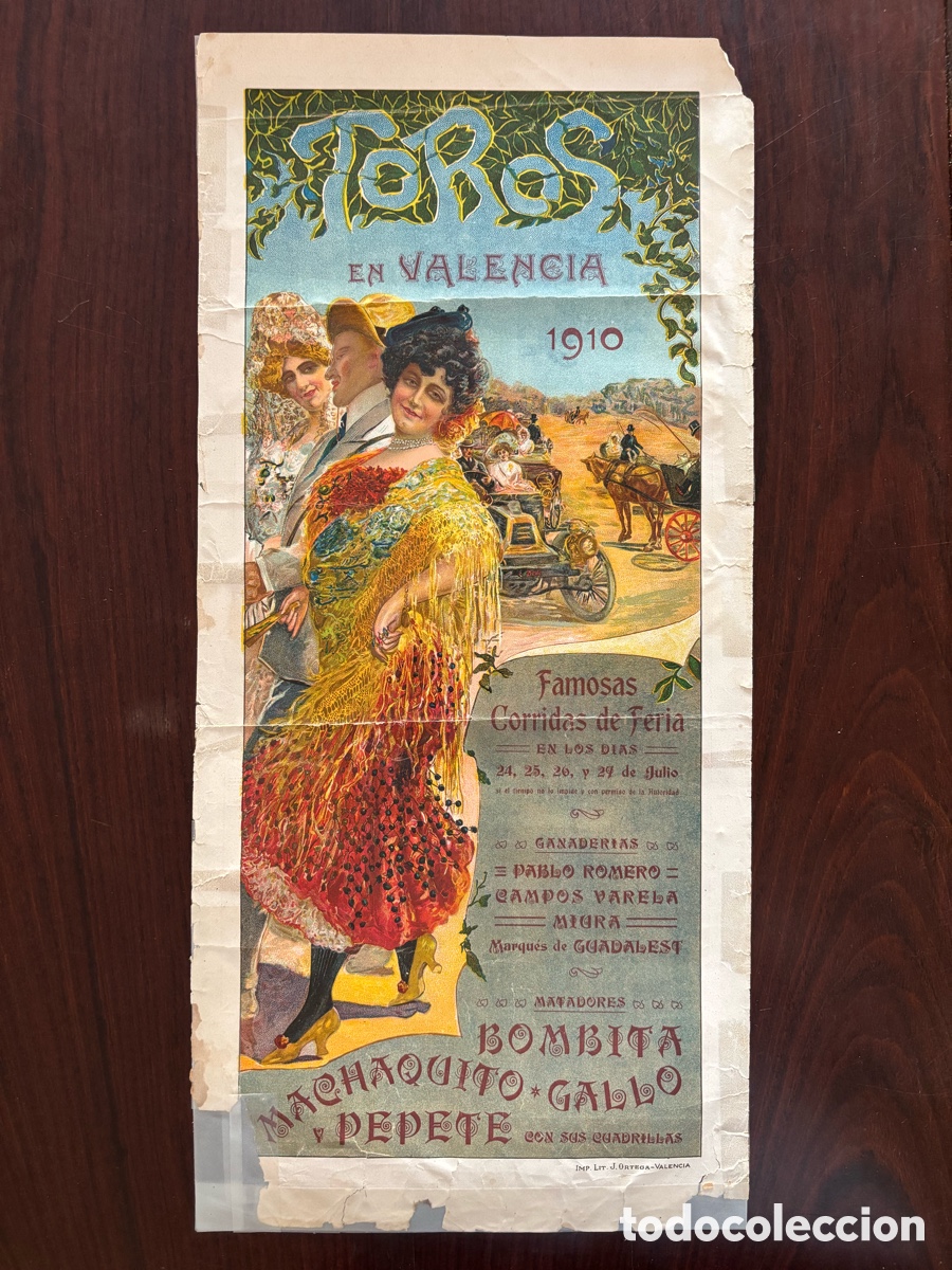 Carteles toros: Cartel toros Valencia. Feria de Julio 1910. Bombita, Machaquito, Gallo, Pepete, Miura, Pablo Romero