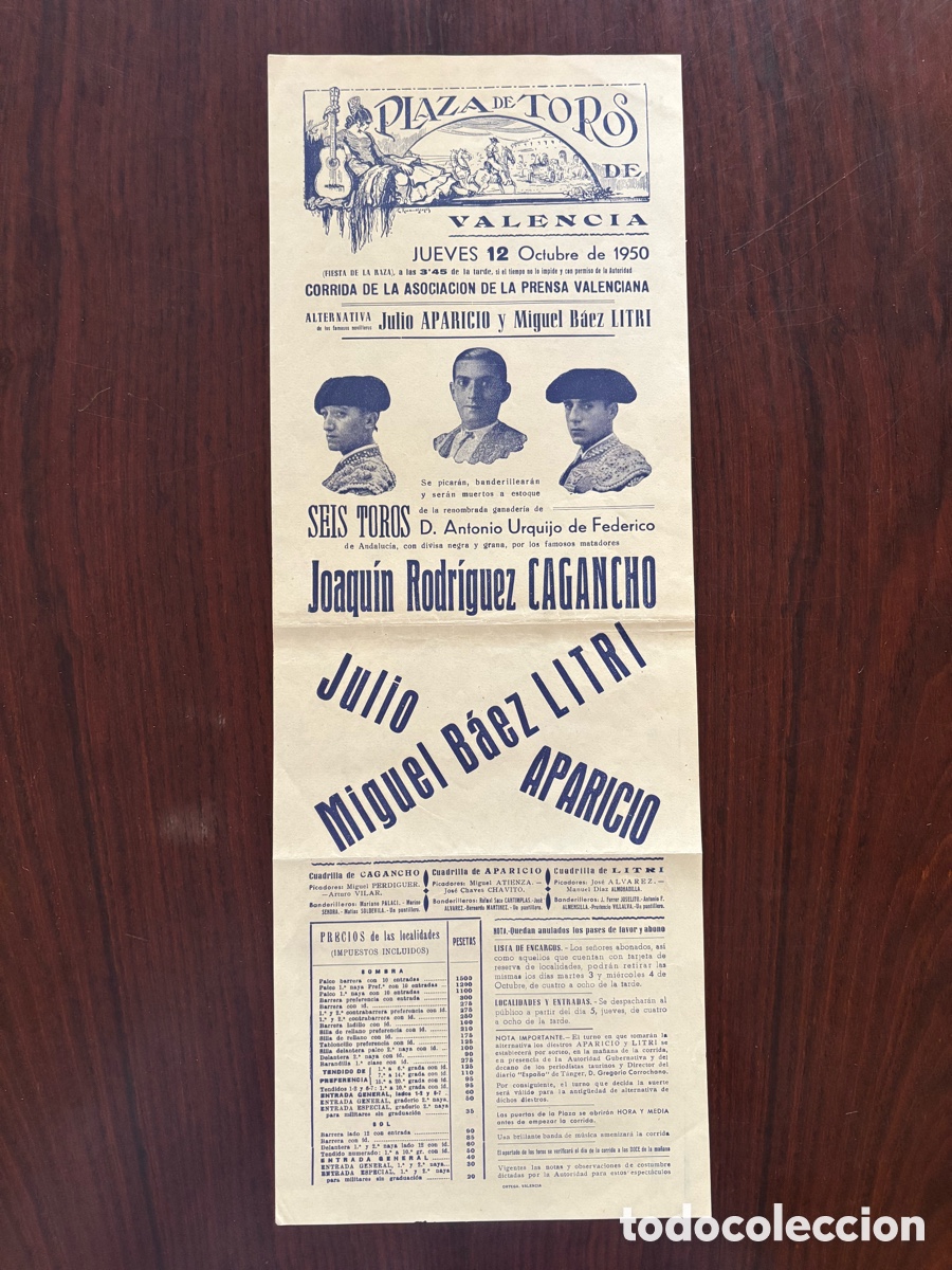 Carteles toros: Alternativa de Julio Aparicio y Miguel B&aacute;ez &ldquo;Litri&rdquo; en Valencia, 12 octubre 1950. Cartel toros