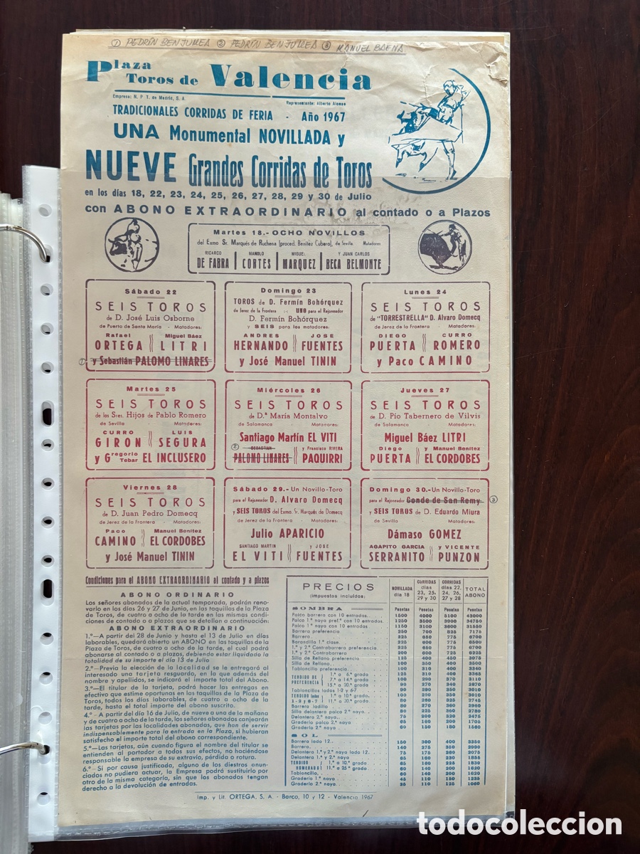 Carteles toros: Cartel toros Valencia. Feria de Julio 1967. Puerta, Romero, Camino, Miura, Inclusero, El Cordob&eacute;s&hellip;