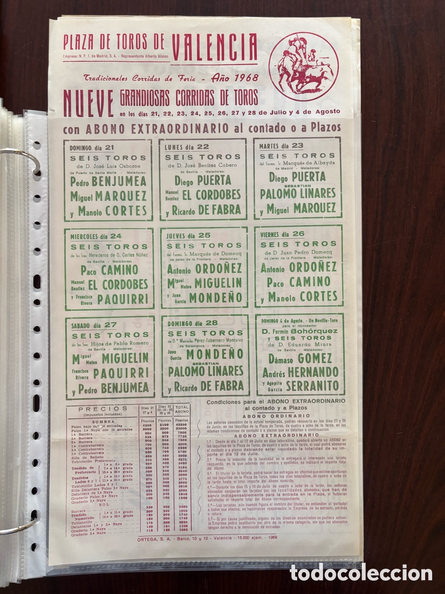 Carteles toros: Cartel toros Valencia. Feria de Julio 1968. Camino, El Cordob&eacute;s, Paquirri, Ord&oacute;&ntilde;ez, Miura, Osborne