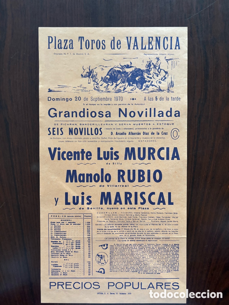 Carteles toros: Cartel toros Valencia, 20 de septiembre 1970. Vicente Luis Murcia, Manolo Rubio y Luis Mariscal