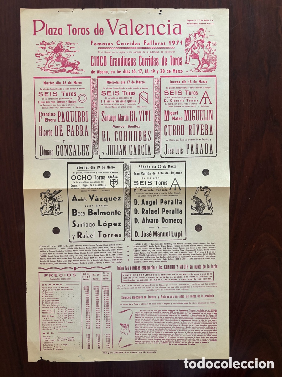 Carteles toros: Cartel toros Valencia. Feria de Fallas 1971. Paquirri, Fabra, D&aacute;maso, El Viti, Cordob&eacute;s, Miguel&iacute;n&hellip;