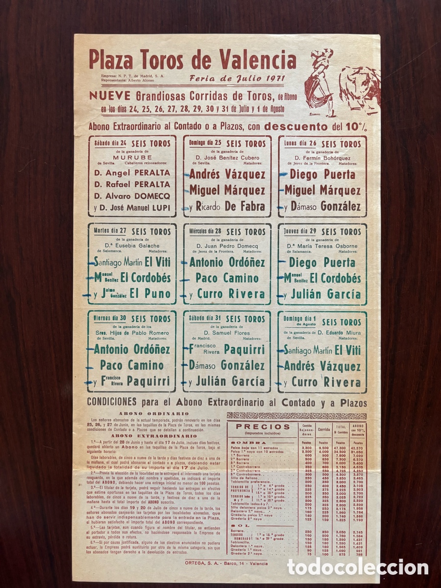 Carteles toros: Cartel toros Valencia, feria de Julio 1971. Miura, Pablo Romero, Samuel Flores, Puerta, D&aacute;maso, Viti