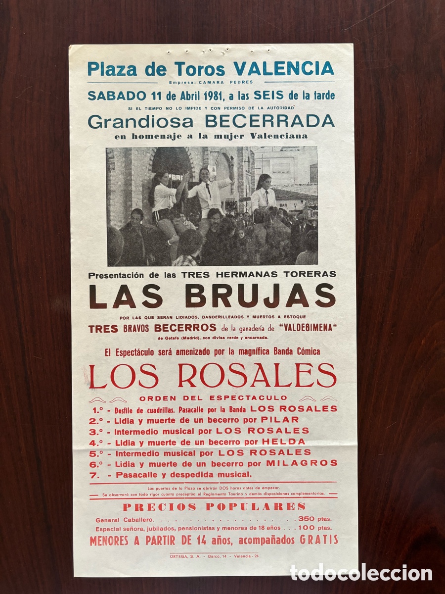 Carteles toros: Cartel toros Valencia, 11 de abril 1981. Hermanas toreras Las Brujas. Banda Los Rosales