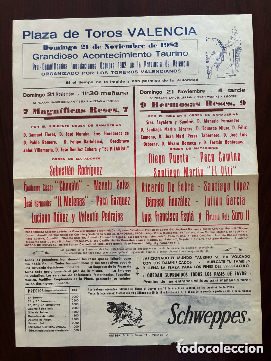 Carteles toros: Festivales inundaciones octubre 1982 Valencia. Cartel toros. Figuras y valencianos