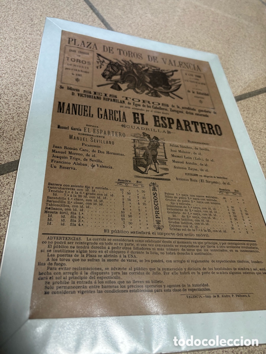 Carteles toros: CARTEL TOROS VALENCIA. 16 OCTUBRE 1887. 6 TOROS DE EJEA DE LOS CABALLEROS ESPARTERO 32X20 CM APR&Oacute;X