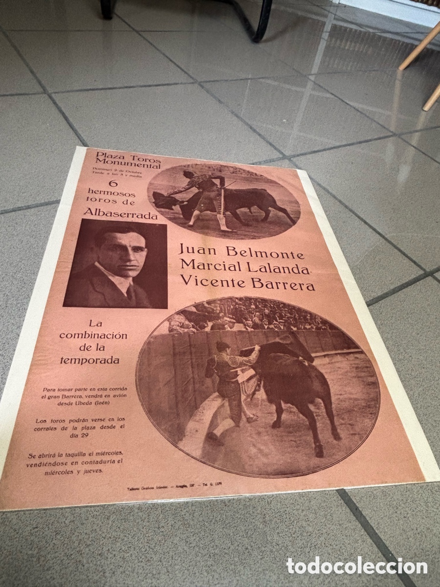 Carteles toros: CARTEL TOROS BARCELONA 2 de octubre de 1927. BELMONTE, LALANDA Y BARRERA65X44 CM APR&Oacute;X