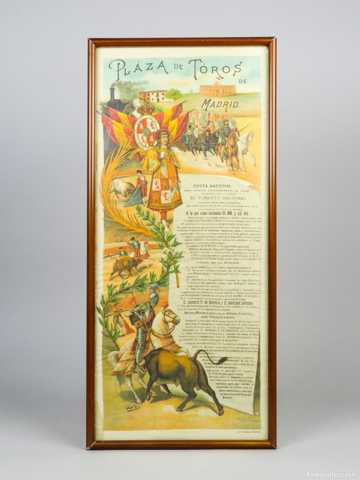 Carteles toros: Cartel marco Corrida toros Madrid Fomento Nacional con Largartijillo Algabe&ntilde;o Antonio Fuentes h 1900
