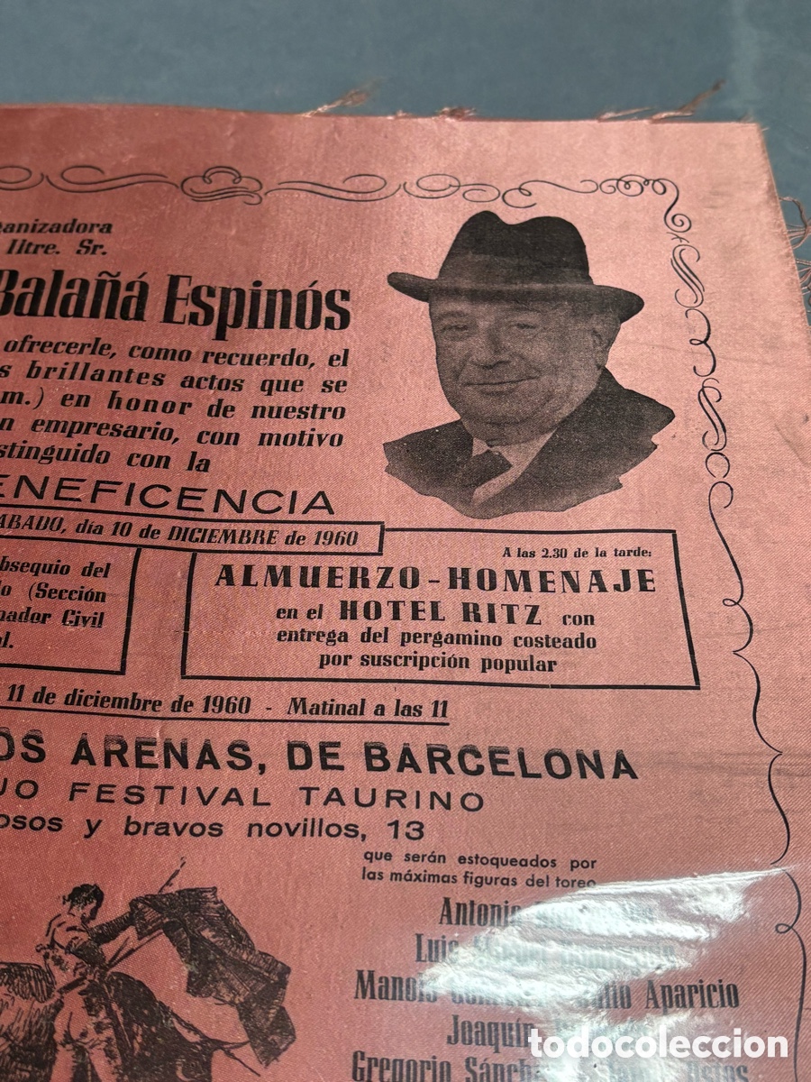 Carteles toros: CARTEL TOROS BARCELONA SEDA. HOMENAJE PEDRO BALA&Ntilde;A, 10 DICIEMBRE 1960. 48X35 CM APR&Oacute;X