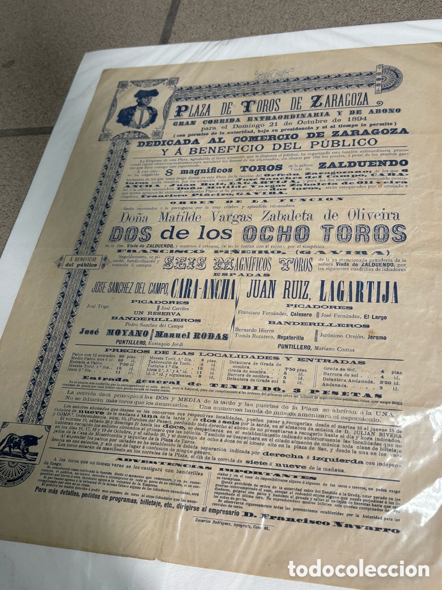 Carteles toros: CARTEL TOROS ZARAGOZA. 21 OCTUBRE 1894. CARA-ANCHA, LAGARTIJA Y MATILDE VARGAS 44X32 CM APR&Oacute;X